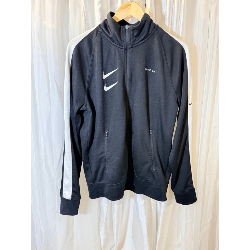Nike Track Jacket Mens Medium Black White Double Swoosh Full Zip MCMLXXII